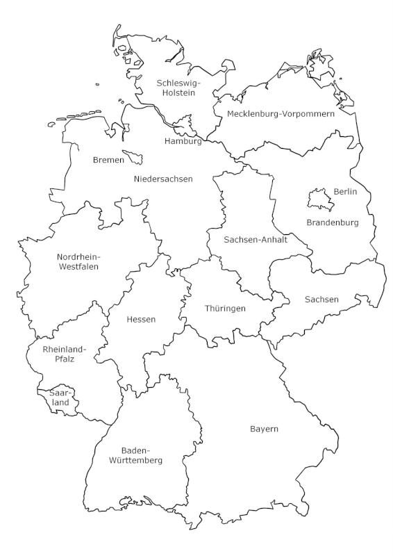 Schematische Deutschlandkarte in schwarz-weiร mit Umrissen und Benamung der Bundeslรคnder