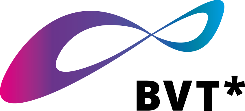 Vierfarbiges (magenta, lila, blau, petrol) Logo mit schwarzer Wortmarke Bundesverband Trans*