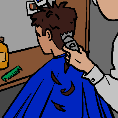 Eine Person sitzt beim Friseur und bekommt einen Kurzhaarschnitt. Dunkle Haarstränen fallen vor dem blauen Cape auf den Boden.