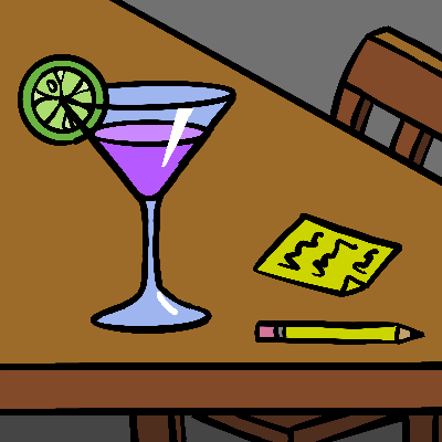 Auf einem Tisch steht ein Cocktailglass mit einem lila Getränk darin. Daneben liegt ein Zettel mit ein paar Zeilen darauf und ein Stift.