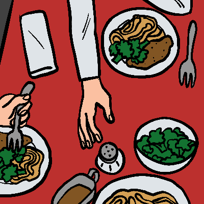 Auf einem roten Tischtuch stehe mehrere Teller. Es gibt Spätzle mit Soße und Brokkoli. Eine Hand greift über den Tisch nach dem Salzstreuer.